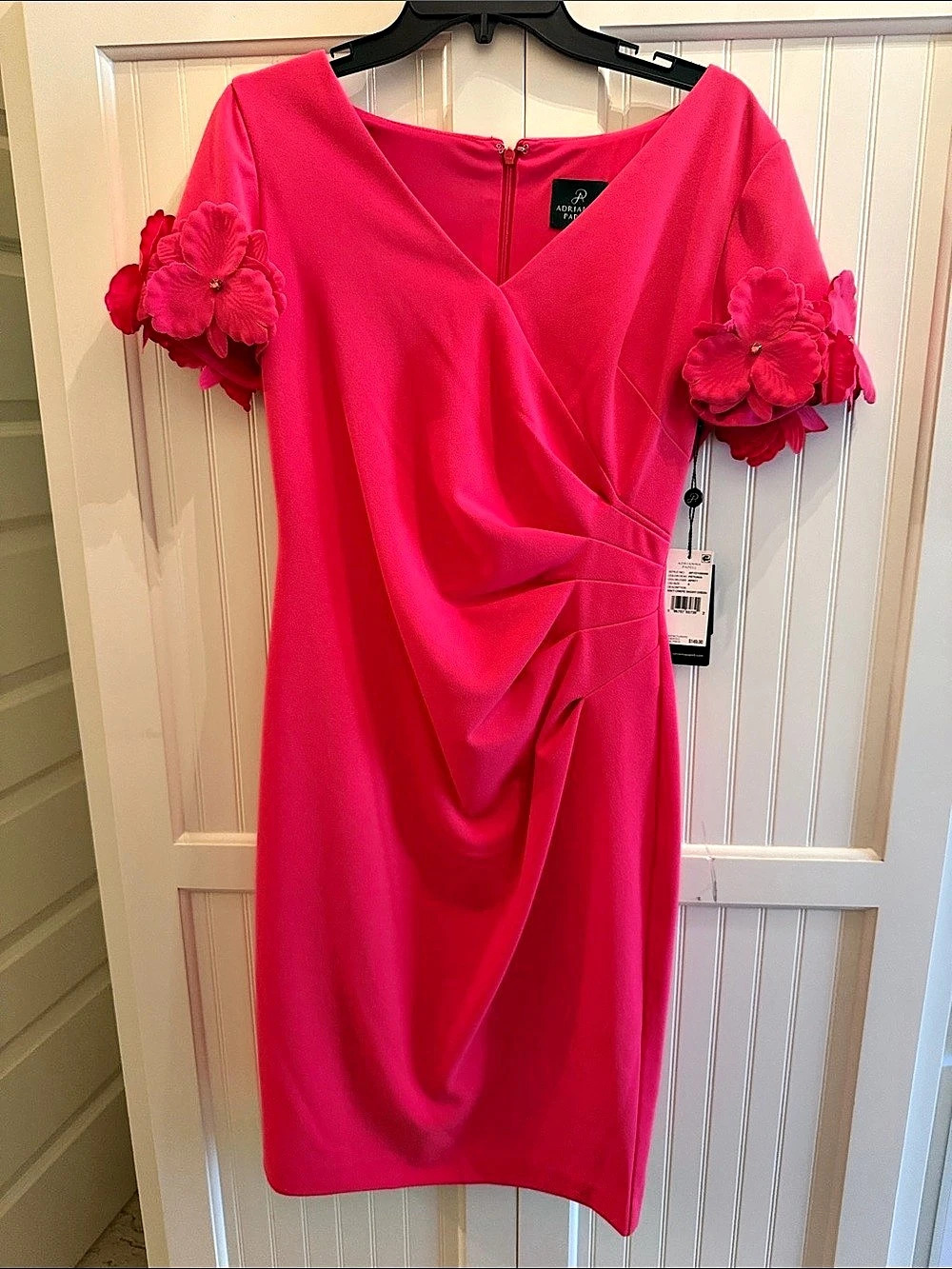 Adrianna Papell Knit Crepe Short Dress Floral Sleeve Mini Dress in Pink Size 6